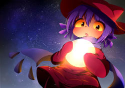 Rule 34 | blush, coat, colored sclera, furry, glowing, hat, highres, holding, light bulb, ne (nefuraito336), night, niko (oneshot), oneshot (game), open mouth, purple hair, purple scarf, red coat, scarf, sky, solo, star (sky), starry sky, tareme, yellow sclera