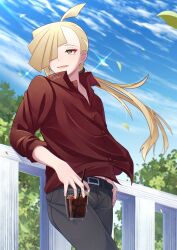 Rule 34 | 1boy, ahoge, alternate costume, alternate hair length, alternate hairstyle, belt, blonde hair, cloud, collared shirt, creatures (company), cup, day, drinking straw, fence, game freak, gladion (pokemon), green eyes, hair over one eye, highres, holding, holding cup, leaning, long hair, looking to the side, male focus, mocacoffee 1001, nintendo, open mouth, outdoors, pants, pokemon, pokemon sm, ponytail, red shirt, shirt, sky, smile, solo