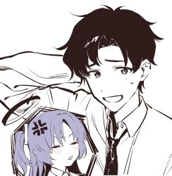 Rule 34 | 1boy, 1girl, black hair, blanchat, blue archive, blush, closed mouth, halo, looking at viewer, monochrome, necktie, purple hair, sensei (blue archive), sensei (blue archive the animation), shirt, simple background, upper body, white background, white shirt, yuuka (blue archive)