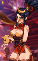 Rule 34 | 1girl, absurdres, ass, black hair, bracer, breasts, china dress, chinese clothes, chinese new year, cleavage cutout, clothing cutout, crescent, dress, eyebrows, firecracker vayne, glasses, hair ornament, hair tie, highres, kyoffie, league of legends, lipstick, looking at viewer, makeup, medium breasts, microdress, nose, pelvic curtain, ponytail, ribbon, rope, signature, skindentation, solo, thick thighs, thighhighs, thighs, vayne (league of legends), yellow eyes
