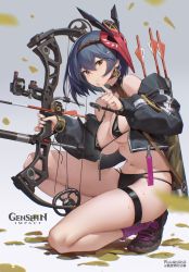 Rule 34 | 1girl, absurdres, arrow (projectile), bare shoulders, bikini, bilibili xiaolu, bird mask, black bikini, black choker, black footwear, black jacket, bow, bow (weapon), breasts, choker, compound bow, cropped jacket, earrings, from side, full body, genshin impact, hair between eyes, highres, holding, holding bow (weapon), holding weapon, jacket, jewelry, kujou sara, large breasts, long sleeves, looking at viewer, mask, mask on head, navel, on one knee, open clothes, open jacket, parted lips, puffy long sleeves, puffy sleeves, purple socks, short hair, socks, solo, stomach, string bikini, sweat, swimsuit, thigh strap, thighs, weapon, yellow eyes