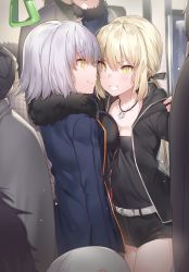 Rule 34 | 2girls, arm up, artoria pendragon (all), artoria pendragon (fate), asymmetrical docking, bad id, bad pixiv id, belt, black jacket, black shirt, blonde hair, blue jacket, breast press, breasts, clenched teeth, cross, cross necklace, fate/grand order, fate (series), fur-trimmed jacket, fur trim, highres, jacket, jeanne d&#039;arc (fate), jeanne d&#039;arc (ruler) (fate), jeanne d&#039;arc alter (fate), jeanne d&#039;arc alter (ver. shinjuku 1999) (fate), jewelry, looking at another, looking at viewer, medium breasts, multiple girls, necklace, official alternate costume, open clothes, open jacket, pendant, people, ponytail, saber (fate), saber alter, saber alter (ver. shinjuku 1999) (fate), shirt, short hair, shorts, silver hair, small breasts, smile, smug, teeth, thighs, train interior, yellow eyes, yuran