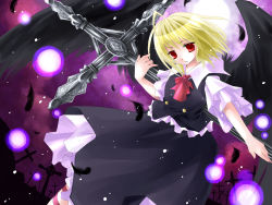 Rule 34 | 1girl, asahina, black wings, blonde hair, cross, embodiment of scarlet devil, ex-rumia, feathers, female focus, highres, latin cross, necktie, red eyes, rumia, short hair, solo, touhou, wings
