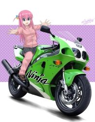 Rule 34 | 1girl, @ @, blue eyes, bocchi the rock!, brown footwear, commentary, cube hair ornament, dated, english commentary, flick (sal23), full body, gotoh hitori, grey skirt, hair between eyes, hair ornament, highres, jacket, kawasaki ninja zx-7r, loafers, long hair, mixed-language commentary, motor vehicle, motorcycle, one side up, open mouth, pants, pants under skirt, pink hair, pink jacket, pink pants, pleated skirt, shoes, skirt, solo, track jacket, track pants, twitter username