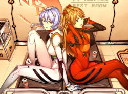 Rule 34 | 23 (real xxiii), 2girls, adjusting hair, ayanami rei, blue eyes, blue hair, bodysuit, bracer, breasts, can, commentary, cushion, english commentary, female focus, from side, holding leg, indoors, crossed legs, long hair, looking at viewer, medium breasts, multicolored bodysuit, multicolored clothes, multiple girls, neon genesis evangelion, on one knee, orange hair, pale skin, parted lips, pilot suit, plugsuit, red bodysuit, red eyes, short hair, sitting, skin tight, souryuu asuka langley, trash, trash can, two side up, white bodysuit