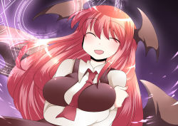 Rule 34 | 1girl, :d, ^ ^, bad id, bad pixiv id, bat wings, blush, breast hold, breasts, closed eyes, dress shirt, dutch angle, female focus, hammer (sunset beach), head wings, koakuma, long hair, low wings, magic circle, necktie, open mouth, red hair, red necktie, shirt, skirt, skirt set, smile, solo, touhou, very long hair, vest, white shirt, wings