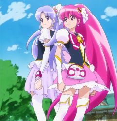 Rule 34 | 10s, aino megumi, boots, cloud, cure fortune, cure lovely, happinesscharge precure!, highres, hikawa iona, pink eyes, pink hair, ponytail, precure, purple eyes, purple hair, screencap, shrine, sky, thigh boots, thighhighs, tree