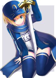 Rule 34 | 1girl, :/, ahoge, artoria pendragon (all), artoria pendragon (fate), baseball cap, blonde hair, blue eyes, blue jacket, blue scarf, blue thighhighs, character name, dutch angle, excalibur (fate/stay night), fate/grand order, fate (series), grey background, hat, highres, holding, holding sword, holding weapon, jacket, kneeling, looking at viewer, mysterious heroine x (fate), name tag, rojiura satsuki : chapter heroine sanctuary, saber (fate), scarf, shadow, shiime, short hair, shorts, simple background, solo, sword, thighhighs, thighs, track jacket, weapon, white background
