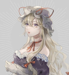 Rule 34 | 1girl, blonde hair, breasts, cleavage, collarbone, dress, elbow gloves, gloves, grey background, hair between eyes, hat, large breasts, long hair, mob cap, open mouth, poteimo (poteimo622), purple dress, purple eyes, simple background, solo, touhou, upper body, white gloves, white hat, yakumo yukari