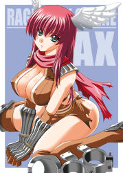 Rule 34 | 1girl, alternate color, armor, assassin cross (ragnarok online), border, breasts, brown gloves, brown leotard, brown socks, cleavage, commentary request, elbow gloves, feathered wings, foot out of frame, gloves, green eyes, hair between eyes, head wings, kneehighs, kumashiro izuta, large breasts, leotard, long hair, looking at viewer, outside border, parted lips, pauldrons, pink hair, ragnarok online, red scarf, revealing clothes, scarf, shoulder armor, sitting, socks, solo, torn clothes, torn scarf, vambraces, wariza, white border, white wings, wings
