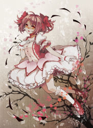 Rule 34 | 10s, 1girl, bare tree, bow, bubble skirt, choker, cross-laced footwear, dress, frills, gloves, hair bow, hand on another&#039;s chest, hand on own chest, kaname madoka, kneehighs, looking at viewer, magical girl, mahou shoujo madoka magica, mahou shoujo madoka magica (anime), orange eyes, pink hair, puffy sleeves, red eyes, shoes, short hair, short twintails, skirt, socks, solo, tears, tree, tsukii, twintails, white gloves, white socks