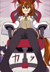 Rule 34 | ?, agnes tachyon (umamusume), ahoge, animal ears, black hair, black necktie, black pantyhose, brown eyes, brown hair, chair, coat, collared shirt, commentary request, hair between eyes, hair over one eye, highres, horse ears, horse girl, horse tail, lab coat, long hair, long sleeves, looking at viewer, manhattan cafe (umamusume), messy hair, multicolored hair, necktie, no shoes, office chair, on chair, open clothes, open coat, pantyhose, purple shirt, school uniform, shirt, short hair, sitting, sleeves past fingers, sleeves past wrists, streaked hair, sweater vest, swivel chair, tail, tracen school uniform, wahiko (black bastard), white coat, yellow eyes, yellow sweater vest