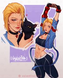Rule 34 | 1girl, absurdres, animal, asymmetrical gloves, black cat, black gloves, black pants, black sports bra, blonde hair, blue eyes, blue jacket, breasts, cammy stretch (meme), cammy white, cat, cheek-to-cheek, cleavage, cropped jacket, gloves, heads together, highres, holding, holding animal, holding cat, jacket, lips, makeup, mascara, medium breasts, meme, mismatched gloves, one eye closed, pants, pendant choker, short hair, single vambrace, solo focus, sports bra, street fighter, street fighter 6, toned, valentina tavolilla, vambraces, yoga pants