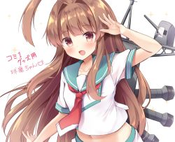 Rule 34 | 1girl, :d, ahoge, blush, brown hair, cannon, commentary request, fang, huge ahoge, kantai collection, kuma (kancolle), long hair, looking at viewer, masayo (gin no ame), navel, necktie, open mouth, red eyes, rigging, sailor collar, school uniform, serafuku, simple background, smile, solo, sparkle, stomach, translation request, turret, upper body, very long hair, white background