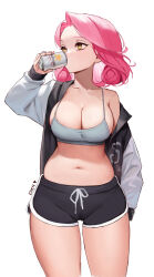 Rule 34 | 1girl, artist name, beer can, black shorts, breasts, can, cleavage, commentary, cowboy shot, crop top, dolphin shorts, drink can, drinking, eden (shiroki yuutsu), english commentary, flower-shaped hair, grey jacket, heart, highres, holding, holding can, jacket, large breasts, long sleeves, medium hair, midriff, navel, off shoulder, open clothes, open jacket, original, pink hair, sapporo beer, short shorts, shorts, simple background, spaghetti strap, vanilla (eden (shiroki yuutsu)), white background, yellow eyes