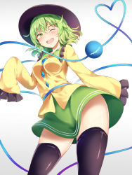 Rule 34 | 1girl, ;d, black hat, black thighhighs, blush, commentary request, cowboy shot, gradient background, green eyes, green hair, green skirt, hat, heart, heart of string, highres, komeiji koishi, looking at viewer, multicolored background, nagomian, one eye closed, open mouth, skirt, sleeves past wrists, smile, solo, thighhighs, third eye, touhou, two-tone background, zettai ryouiki