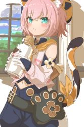 Rule 34 | 1girl, animal ear fluff, animal ears, aqua eyes, belt, beret, blue shorts, blush, bottle, cat ears, cat girl, cat tail, choker, commentary, cowboy shot, curtains, detached sleeves, diona (genshin impact), genshin impact, gloves, hat, highres, holding, holding bottle, indoors, looking at viewer, milk bottle, navel, paw print, pink hair, pouch, ribbon, short hair, shorts, solo, standing, tail, tail ornament, tail ribbon, time is money3120, white choker, white gloves, window