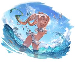 Rule 34 | 1girl, :d, armpits, arms up, bikini, bikini skirt, bird, blonde hair, blue eyes, blue sky, blush, clothes lift, cloud, dark-skinned female, dark skin, day, fish, fisheye, gluteal fold, gradient hair, granblue fantasy, green hair, io (granblue fantasy), io (summer) (granblue fantasy), lips, long hair, looking at viewer, minaba hideo, multicolored hair, navel, ocean, official art, open mouth, outdoors, palm tree, parted bangs, shirt lift, sky, smile, solo, standing, swimsuit, teeth, transparent background, tree, twintails, upper teeth only, very long hair, wading, water, wet