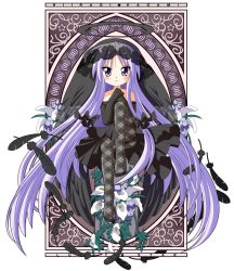Rule 34 | 00s, 1girl, art nouveau, bad id, bad pixiv id, bare shoulders, black theme, elbow gloves, feathers, flower, gloves, highres, hiiragi kagami, long hair, lucky star, pantyhose, purple eyes, purple hair, rindou (awoshakushi), solo, twintails