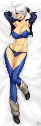 Rule 34 | 1girl, abs, ahoge, angel (kof), bed sheet, black panties, blue eyes, boots, bra, breasts, bustier, chaps, cleavage, collarbone, covered erect nipples, cropped jacket, dakimakura (medium), female focus, fingerless gloves, full body, gloves, hair over one eye, highres, jacket, large breasts, leg warmers, lying, navel, on back, open clothes, open jacket, panties, revision, shiny skin, short hair, skindentation, smile, snk, solo, st.germain-sal, strapless, strapless bra, the king of fighters, thigh gap, toned, underwear, white hair, wide hips