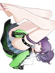 Rule 34 | 1girl, apaapazo, ass, bare legs, barefoot, between legs, blouse, blue skirt, blunt bangs, choker, collared shirt, eyelashes, feet, foreshortening, green jacket, hand between legs, highres, idolmaster, idolmaster shiny colors, jacket, legs, long sleeves, looking at viewer, lying, miniskirt, nail polish, on back, panties, pantyshot, plaid, plaid skirt, pleated skirt, purple eyes, purple hair, purple nails, school uniform, shadow, shirt, short eyebrows, short twintails, sidelocks, sideways, simple background, skindentation, skirt, sleeves past fingers, sleeves past wrists, solo, spiked choker, spikes, striped clothes, striped jacket, studded choker, tanaka mamimi, thigh strap, thighs, toenail polish, toenails, toes, tongue, tongue out, twintails, underwear, white background, white panties, white shirt