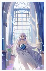 Rule 34 | 1girl, arch, bare shoulders, blue flower, border, bouquet, breasts, bridal veil, church, collarbone, commentary request, dress, drop earrings, earrings, elbow gloves, elf, flower, frieren, gloves, green eyes, highres, holding, holding bouquet, hoshiko (419401x), indoors, jewelry, long hair, looking at viewer, medium breasts, parted bangs, pointy ears, smile, solo, sousou no frieren, sparkle, veil, very long hair, wedding, wedding dress, white border, white dress, white gloves, white hair