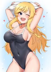 Rule 34 | absurdres, bare hips, bare shoulders, blonde hair, blue eyes, blue one-piece swimsuit, blush, breasts, cleavage, collarbone, covered navel, cowboy shot, gluteal fold, heart, highleg, highleg swimsuit, highres, idolmaster, idolmaster cinderella girls, long hair, looking at viewer, mabanna, medium breasts, ohtsuki yui, one-piece swimsuit, one eye closed, open clothes, open mouth, school swimsuit, sidelocks, smile, swept bangs, swimsuit, taut clothes, taut swimsuit