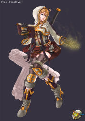 Rule 34 | 00s, blonde hair, book, boots, cross, dungeon and fighter, female priest (dungeon and fighter), gloves, glowing, glowing hand, hair ornament, high heels, highres, hood, leggings, priest, shoes, weapon