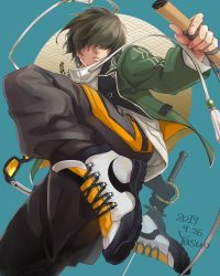 Rule 34 | 1boy, ahoge, bracelet, character request, closed mouth, dated, fingernails, green hair, green jacket, hair over eyes, highres, holding, holding sheath, holding sword, holding weapon, jacket, jewelry, male focus, open clothes, open jacket, scabbard, sheath, shoes, signature, sneakers, solo, sword, tinted eyewear, touken ranbu, weapon, white footwear, yasuo (chisyu0204), yellow-tinted eyewear