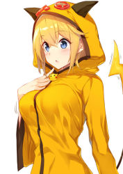 Rule 34 | 1girl, blonde hair, blue eyes, blush, breast suppress, breasts, commentary request, cosplay, creatures (company), eyebrows, finger to face, game freak, gen 1 pokemon, hair between eyes, hood, hooded jacket, jacket, large breasts, long hair, looking to the side, motion lines, nintendo, open mouth, original, pokemon, raichu, raichu (cosplay), simple background, solo, tail, white background, yappen, yatsu (sasuraino)