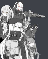Rule 34 | 5girls, alma01, assault rifle, belt pouch, breasts, girls&#039; frontline, gloves, greyscale, gun, headphones, highres, hk416 (girls&#039; frontline), holstered, jacket, long hair, m4 sopmod ii (girls&#039; frontline), magazine (weapon), monochrome, mp7 (girls&#039; frontline), multiple girls, open mouth, pouch, red eyes, rifle, scar, scar across eye, scar on face, simple background, submachine gun, tactical clothes, trigger discipline, ump45 (girls&#039; frontline), ump9 (girls&#039; frontline), weapon