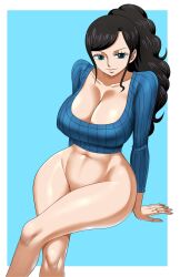 Rule 34 | 1girl, black hair, blue eyes, bottomless, breasts, curvy, female focus, highres, large breasts, lips, long hair, nico robin, one piece, pinkpawg, ponytail, shiny skin, sitting, smile, solo, source request, very long hair, wide hips