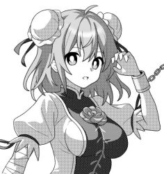 Rule 34 | 1girl, ahoge, bandaged arm, bandages, breasts, bun cover, chain, cuffs, double bun, greyscale, hair between eyes, hair bun, ibaraki kasen, medium breasts, monochrome, onkn sxkn, open mouth, shirt, short hair, short sleeves, simple background, solo, tabard, touhou, upper body, white background