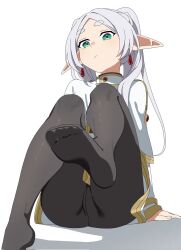 Rule 34 | 1girl, :/, arm support, black pantyhose, capelet, commentary request, dangle earrings, dress, earrings, elf, feet, foot focus, frieren, full body, gold trim, green eyes, highres, hikentai0112, jewelry, knees up, long hair, looking at viewer, no shoes, pantyhose, parted bangs, pointy ears, simple background, sitting, solo, sousou no frieren, thighs, toes, twintails, white background, white capelet, white dress, white hair