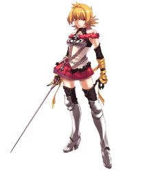 Rule 34 | 1girl, armor, armored dress, bandages, black gloves, black thighhighs, blonde hair, boots, chain, earrings, full body, gloves, greaves, hirano katsuyuki, jewelry, knee boots, official art, pointy ears, rapier, red eyes, roze, roze (spectral souls), serious, short hair, skirt, solo, spectral (series), spectral souls, spectral vs generation, sword, thighhighs, thighhighs under boots, weapon, white background