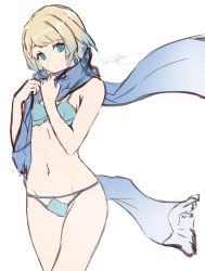 Rule 34 | 1girl, alternate costume, armpit crease, bare shoulders, bikini, blonde hair, blue bikini, blue eyes, blue scarf, clam shell, clear glass (mildmild1311), earrings, fire emblem, fire emblem heroes, fjorm (fire emblem), highres, jewelry, light smile, looking at viewer, multi-strapped bikini, navel, nintendo, own hands together, scarf, shell, shell bikini, short hair, signature, solo, swimsuit, thighs