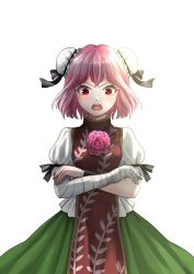 Rule 34 | 1girl, bun cover, cowboy shot, crossed arms, cuffs, double bun, flower, green skirt, hair bun, highres, ibaraki kasen, kyabekko, looking at viewer, one-hour drawing challenge, open mouth, pink flower, pink hair, pink rose, red eyes, rose, shackles, shirt, short hair, short sleeves, simple background, skirt, solo, standing, tabard, teeth, touhou, upper teeth only, white background, white shirt