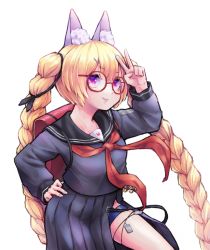 Rule 34 | 1girl, 28 (282teeth), absurdres, animal ear fluff, animal ears, backpack, bad id, bad pixiv id, bag, bespectacled, blonde hair, braid, commentary request, girls&#039; frontline, glasses, hand on own hip, highres, long hair, long sleeves, looking at viewer, neckerchief, official alternate costume, parted lips, pleated skirt, purple eyes, randoseru, red-framed eyewear, red neckerchief, sailor collar, school uniform, serafuku, simple background, skirt, solo, sr-3mp (commando bunny) (girls&#039; frontline), sr-3mp (girls&#039; frontline), twin braids, twintails, v, very long hair, white background