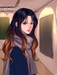 Rule 34 | 1girl, black hair, blue sweater, brown hair, from side, gradient hair, grey scarf, hair behind ear, highres, hwaga salierre, korean commentary, long hair, looking at viewer, multicolored hair, painting (object), parted bangs, parted lips, ryu myeong-hwa, scarf, siri (siri2064), sketch, solo, sweater