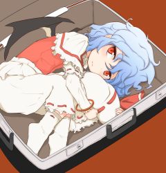 Rule 34 | 1girl, bad id, bad pixiv id, bag, bat wings, blue hair, blush, box, capelet, curiosities of lotus asia, female focus, fetal position, hat, unworn hat, unworn headwear, holding, in box, in container, jitome, lying, madhand, messy hair, on side, red eyes, remilia scarlet, socks, solo, suitcase, touhou, wings