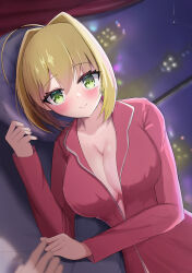 Rule 34 | 1girl, absurdres, ahoge, blonde hair, blush, breasts, cleavage, fate/extra, fate (series), green eyes, hair between eyes, hair intakes, highres, homeabout, large breasts, looking at viewer, lying, nero claudius (fate), nero claudius (fate) (all), nightgown, on bed, on side, pov, pov across bed, red nightgown, smile