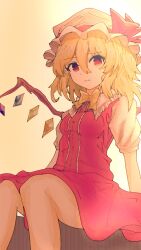 Rule 34 | 1girl, ai-assisted, blonde hair, bow, bowtie, dress, expressionless, flandre scarlet, hat, highres, irumina777, legs, mob cap, red dress, red eyes, shirt, short sleeves, sitting, touhou, white hat, white shirt, yellow background, yellow bow, yellow bowtie