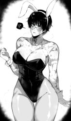 Rule 34 | 1girl, absurdres, anger vein, animal ears, bare shoulders, breasts, burn scar, commentary, english commentary, glasses, highres, jujutsu kaisen, leotard, masoq, monochrome, muscular, muscular female, nail polish, playboy bunny, rabbit ears, round eyewear, scar, scar on arm, scar on face, short hair, simple background, solo, spoken anger vein, thighs, too many, too many scars, zen&#039;in maki