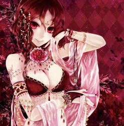 Rule 34 | 1girl, apt, bare shoulders, bracelet, breasts, character request, cleavage, facial mark, fingerless gloves, fingernails, flower, forehead mark, gloves, hair ornament, highres, jewelry, lips, midriff, nail art, nail polish, necklace, original, ponytail, red eyes, red hair, red theme, smile, solo, sparkle, tattoo