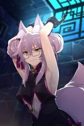 Rule 34 | 1girl, animal ears, armpits, arms up, bound, breasts, center opening, chain, chained, china dress, chinese clothes, clenched teeth, cuffs, double bun, dress, echo (circa), fate/grand order, fate (series), fox ears, fox tail, glasses, grey hair, hair bun, koyanskaya (chinese lostbelt outfit) (fate), koyanskaya (fate), large breasts, long hair, no bra, prison, solo, tail, tamamo (fate), teeth, underboob, yellow eyes
