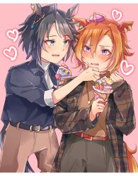 Rule 34 | 2girls, animal ears, belt, blue eyes, blush, brown pants, crown, ear ornament, ear piercing, ears down, embarrassed, eye contact, food, food on face, fuji kiseki (umamusume), fxtsr, grey hair, grey shirt, hair between eyes, heart, holding, holding food, holding ice cream, horse ears, horse girl, horse tail, ice cream, ice cream cone, jewelry, looking at another, mini crown, multicolored hair, multiple girls, necklace, orange hair, pants, piercing, pink background, plaid, plaid shirt, purple eyes, shirt, short hair, sleeves rolled up, streaked hair, t.m. opera o (umamusume), tail, two-tone hair, umamusume, white hair, wiping face, yuri