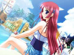 Rule 34 | 00s, 1girl, blue eyes, casual one-piece swimsuit, da capo, da capo i, day, dutch angle, game cg, long hair, looking back, non-web source, one-piece swimsuit, outdoors, pool, poolside, red hair, sarong, shirakawa kotori, solo, swimsuit