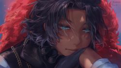 Rule 34 | 1boy, bartholomew roberts (fate), black gloves, black hair, blue eyes, closed mouth, commentary request, dark-skinned male, dark skin, fate/grand order, fate (series), feather boa, gloves, jewelry, looking at viewer, male focus, necklace, origarnic, portrait, short hair, smile, solo