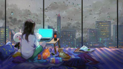 Rule 34 | 1girl, bed, black hair, book, building, candy, cat, cellphone, city, commentary, computer, food, hat, highres, jamjar77, juice box, laptop, long hair, hugging object, on bed, open book, original, pants, phone, pillow, rain, scenery, shirt, shorts, sitting, skirt, smartphone, snack, soda bottle, solo, stuffed animal, stuffed toy, symbol-only commentary, white shirt, window
