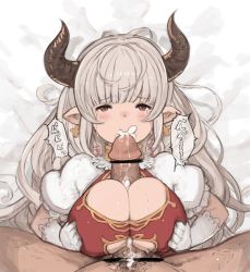 Rule 34 | 10s, 1boy, 1girl, alicia (granblue fantasy), bad id, bad twitter id, blush, breasts, censored, cleavage, clothing cutout, cum, cum in mouth, cum on body, cum on breasts, cum on upper body, draph, earrings, fellatio, gloves, granblue fantasy, hanarito, hetero, highres, horns, jewelry, large breasts, long hair, looking at viewer, oral, paizuri, paizuri under clothes, penis, pointless censoring, pointy ears, red eyes, silver hair, solo focus, tears, underboob cutout, white gloves